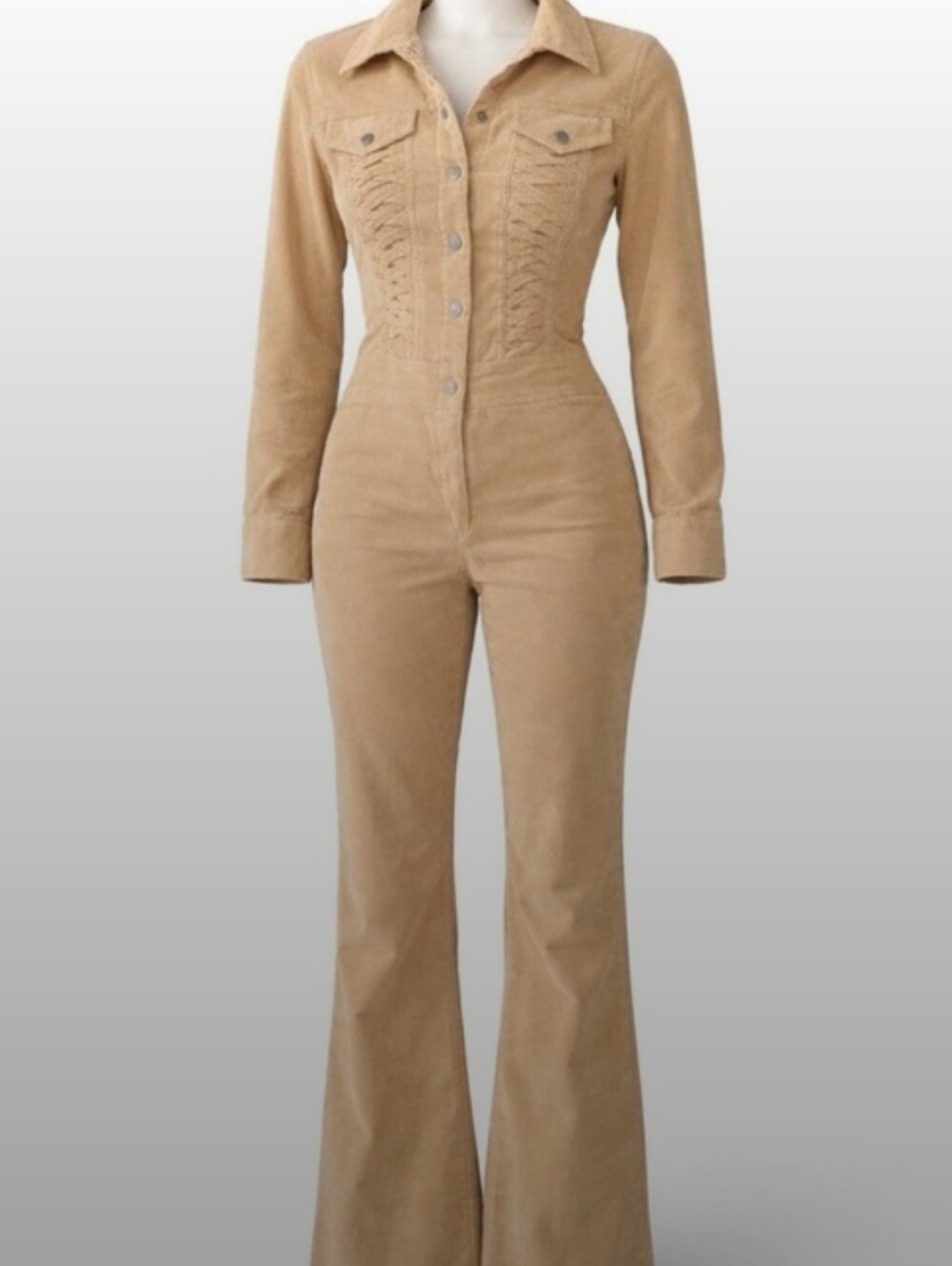 Jennifer Lopez Tan Corduroy Button-Front Jumpsuit Size S